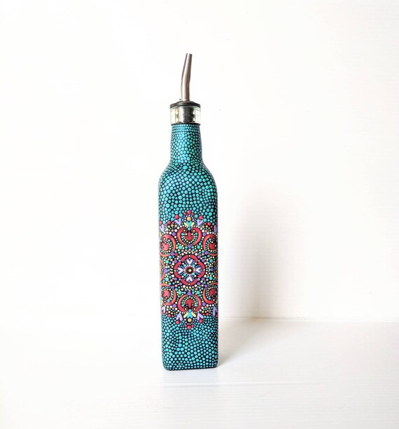 Olive Oil Bottle hand painted glass olive oil bottle metallic teal Mandala dot painting