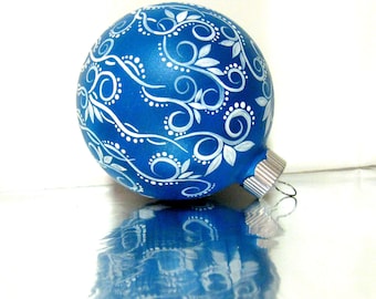 Christmas Blue and White Christmas Ornament Hand Painted Glass Ornament