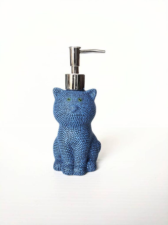 Blue Cat: hand painted ceramic soap dispenser black and blue
