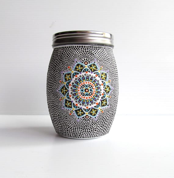 Glass jar and lid: Hand painted glass jar Mason jar mandala