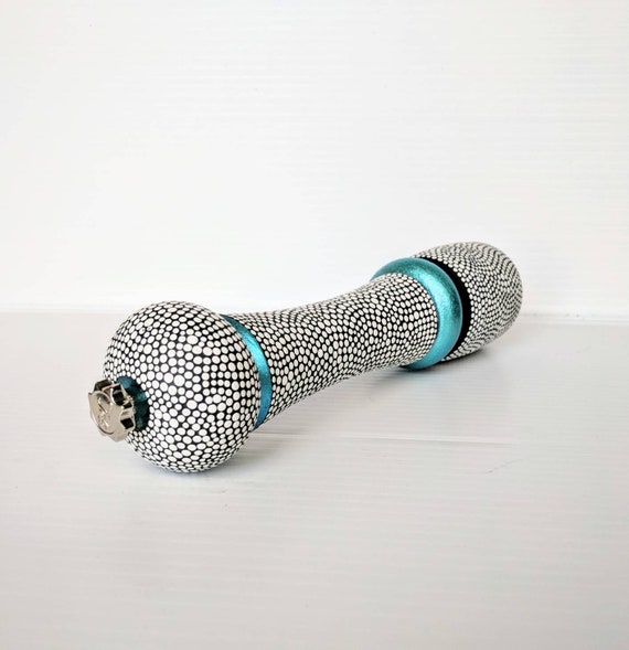 Pepper Mill: hand painted wooden pepper Mill Black white and teal 10 inch pepper Mill