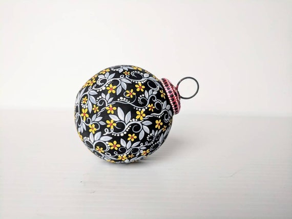 Flowers Hand painted glass ornament artsy ornament black white and yellow Christmas ornament