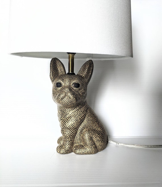 Dog lamp: hand painted ceramic dog lamp gold and black small lamp.