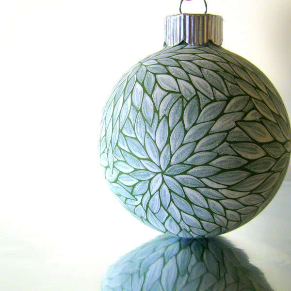 Green and White Hand painted glass ornament Small