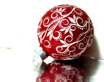 Christmas Ornament: Red and White Ornament Hand Painted Medium Glass Ornament personalize