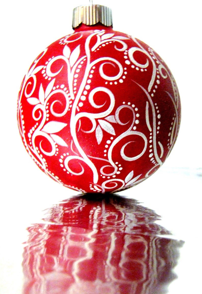 Christmas Ornament: Red and White Ornament Hand Painted Medium Glass Ornament personalize image 2