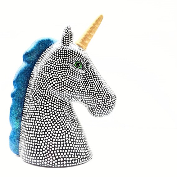 Unicorn Hand painted Unicorn coin bank ceramic coin bank piggy bank blue mane black and white unicorn ceramic piggy bank