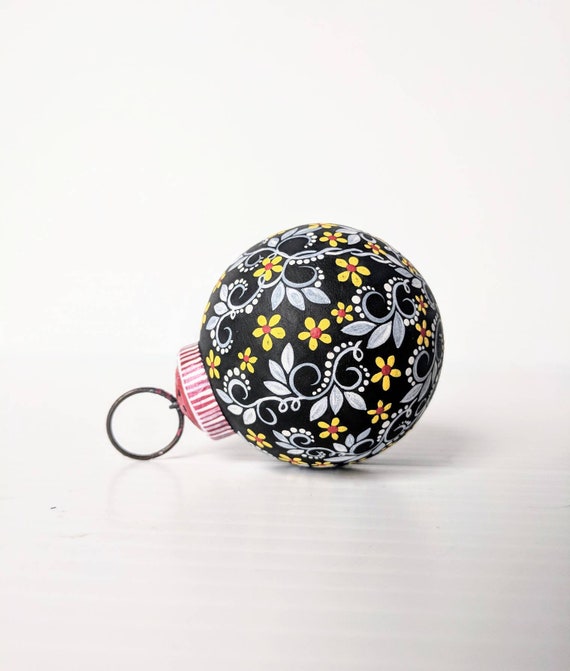 Flowers Hand painted glass ornament artsy ornament black white and yellow Christmas ornament very small
