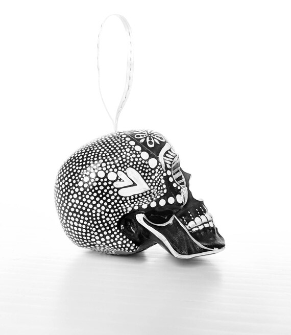Skull ornament hand painted shatterproof Ornament sugar skull day of the dead black and white