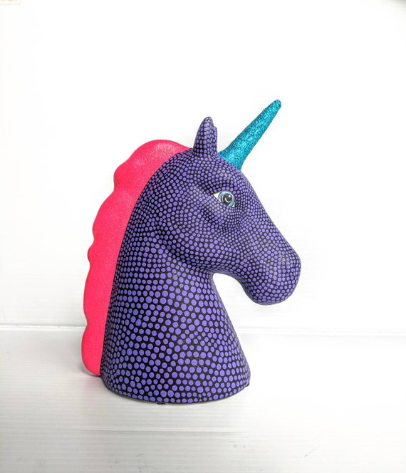 Unicorn Hand painted Unicorn coin bank ceramic coin bank piggy bank neon pink mane black and purple unicorn ceramic piggy bank