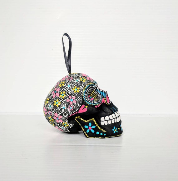 Skull ornament: hand painted shatterproof skull ornament sugar skull
