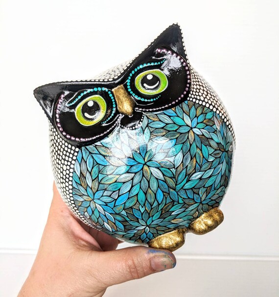OWL Colorful Owl Figurine Hand painted Owl Round Happy Owl Figurine Owl Lover art ceramic owl blues and white