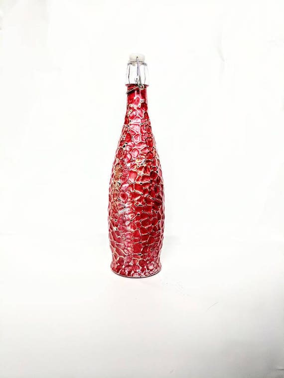 Water Bottle Red and gold glass bottle hand painted Water bottle 34 oz. glacier bottle with wire bail lid