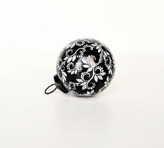 Black and white hand painted glass ornament swirls