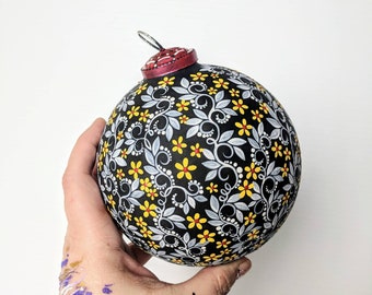 Flowers Hand painted glass ornament artsy ornament black white and yellow Christmas ornament extra large