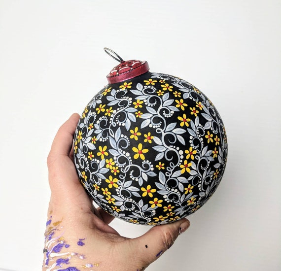 Flowers Hand painted glass ornament artsy ornament black white and yellow Christmas ornament extra large