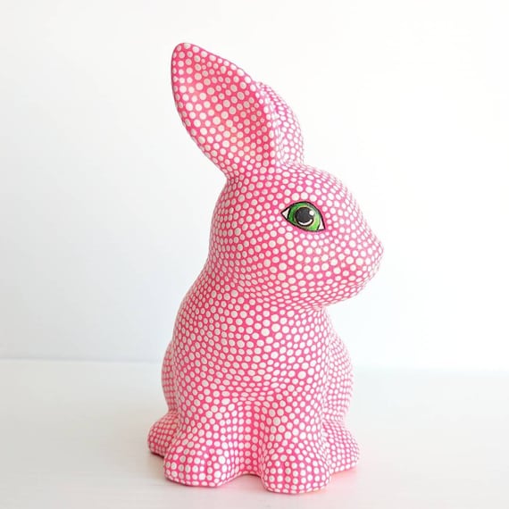 Cute ceramic bunny neon pink with white dots pink and white bunny