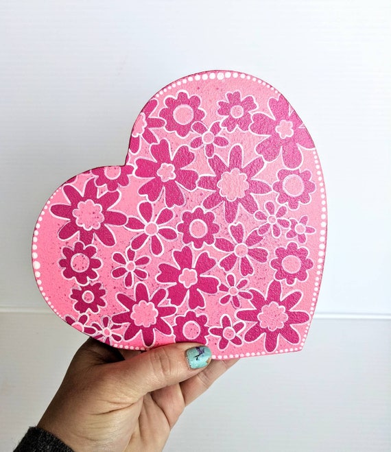 Heart hand painted heart shaped coin bank piggy bank pinks and red