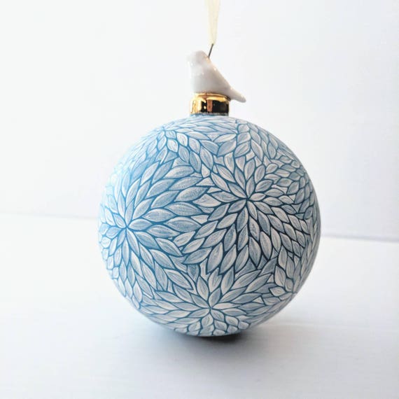 Winter wonderland hand painted glass ornament with birdie topper blue and white elegant glass ornament