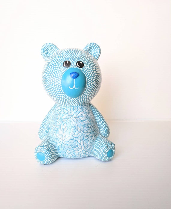 Teddy Bear coin bank Blue and white bear hand painted coin bank piggy bank