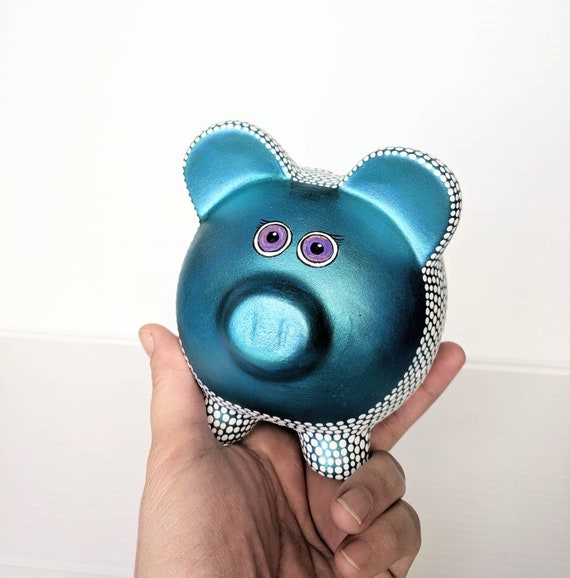 Piggy bank: metallic teal and white piggy bank
