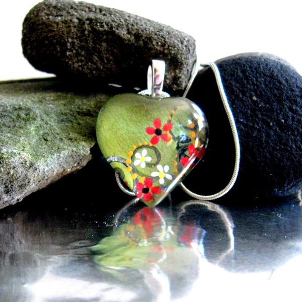 Glass Heart Pendant with Silver Chain Hand painted