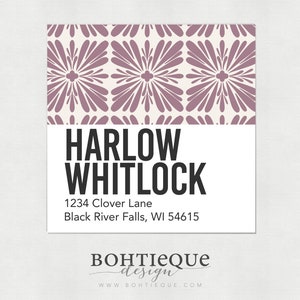 May include: A white return address label with a pink floral pattern at the top. The text "HARLOW WHITLOCK" is in black bold font. The address "1234 Clover Lane Black River Falls, WI 54615" is in black font. The text "BOHTIEQUE design WWW BOHTIEQUE COM" is in black cursive font.