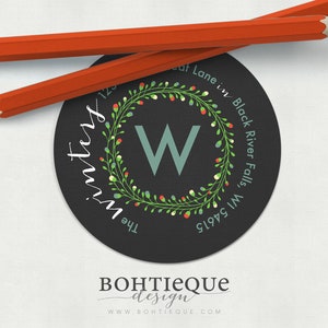 Black Calligraphy Wreath Return Address Stickers, Housewarming Gift, Set of 40