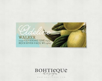 Adeline Return Address Labels, Fruit Custom Address Label,  Botanical Shape Label, Script and Formal Label, Bohtieque, Set of 36