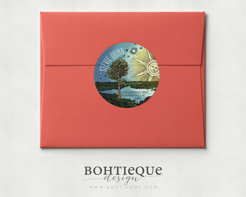 May include: A round sticker with a vintage illustration of a tree, sun, and moon. The sticker has the text "STEVIE QUINN" and an address. The sticker is on a red envelope.