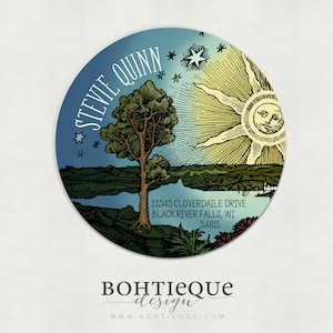 May include: A round sticker with a vintage illustration of a tree, sun, and stars. The sticker has the text "Stevie Quinn" and an address: "12345 Cloverdaile Drive, Black River Falls, WI 54615".