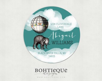 Elephant Aloft, Balloon Flight Custom Return Address Stickers, Set of 40