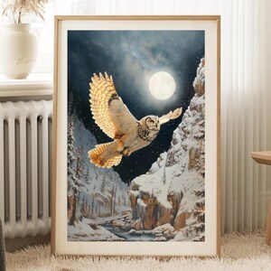 Owl Printable Wall Art, Moonlit Snowy Mountain Digital Download, Winter Wildlife Instant Download, Nature Bird Home Decor