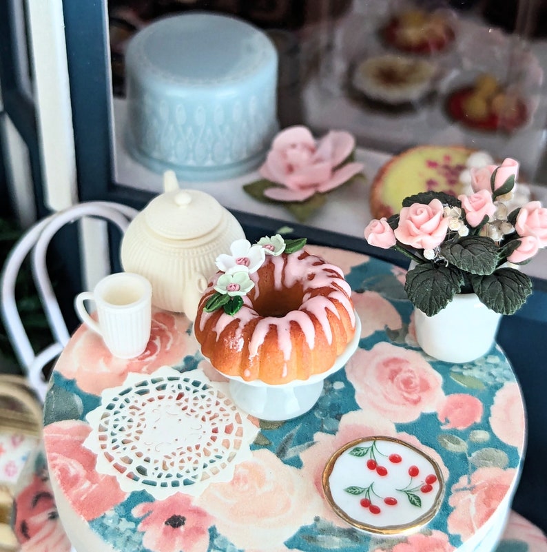 Dollhouse Miniatures 1:12 Spring cherry blossom flower Bundt cake image 1