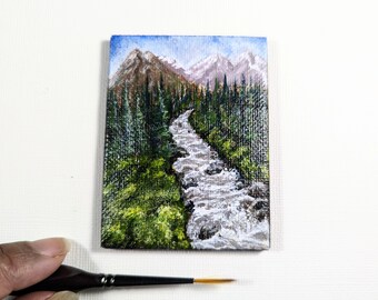 Raging River - 3x2 inch Miniature painting Tiny art acrylic on canvas board