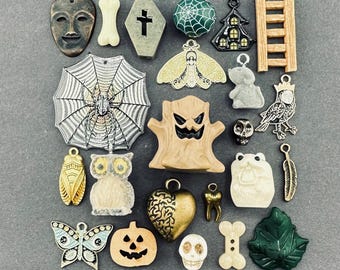 May include: A selection of Halloween-themed charms and pendants in various shapes and colours. Includes a mask, bone, coffin, spiderweb, moth, house, ladder, owl, pumpkin, skull, and other spooky designs. Ideal for jewellery making or crafting.