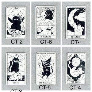 May include: Six white rectangular cards with black and white illustrations of cats and tarot card names. The cards are labeled CT-1 through CT-6.