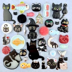 May include: A collection of various cat-themed charms, beads, and pendants featuring black cats, fish shapes, yarn balls, and miniature house designs. The assortment includes enamel, plastic, and fuzzy textures in black, white, red, and blue.