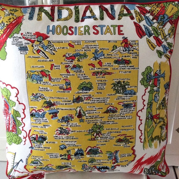 Retro Indiana Pillow Cover, Indiana Vacation Souvenir, 18" Indiana State Map Pillow Cover, Indiana Home Decor