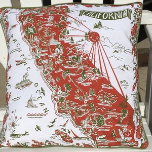 California Pillow Cover, 18 Red Retro California Pillow Cover, California Map Pillow Cover, California Souvenir image 1