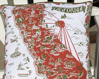 California Pillow Cover, 18" Red Retro California Pillow Cover, California Map Pillow Cover, California Souvenir