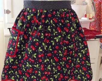 Cherry Apron, Black RetroLand Original Half, Retro Cherry Apron in Black with Red Cherries, Retro Housew