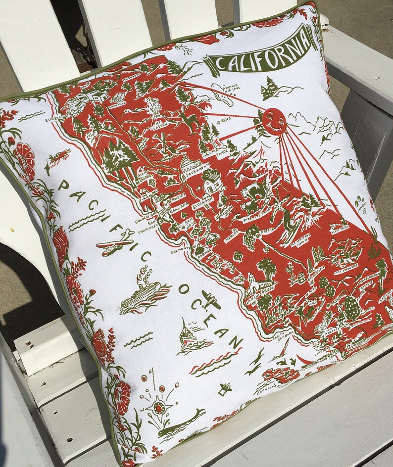 California Pillow Cover, 18 Red Retro California Pillow Cover, California Map Pillow Cover, California Souvenir image 2