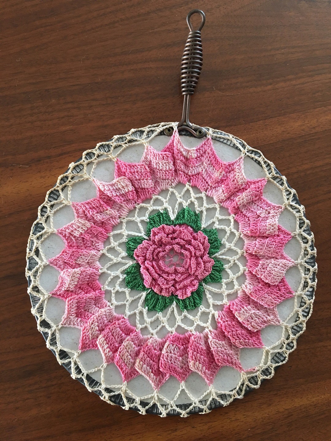 Vintage Crochet Trivet With Display Hook, Vintage Pink Crochet Trivet