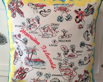Hawaiian Islands Map Pillow Cover, 18" Retro Map of Hawaiian Islands Pillow Cover, Hawaiian Home Decor
