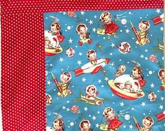 Retro Rocket Rascal Blanket Retro Space Baby Blanket with Red Polka Dot Border