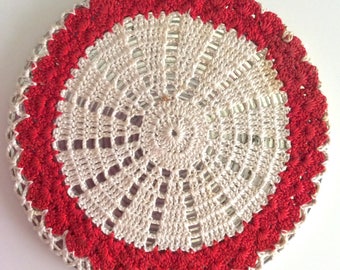 Vintage Crochet Trivet, Vintage, Red and White Vintage Trivet, 1950's Crochet Trivet