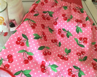 Cherry Apron, Pink RetroLand Original Half Retro Cherry Apron in Pink with Red Cherries, Retro Housewife