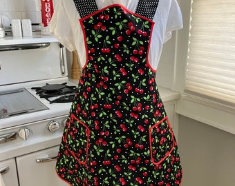 Full Black Cherry Apron, Black RetroLand Original Full, Retro Cherry Apron in Black with Red Cherries