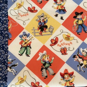 May include: A colorful fabric with a repeating pattern of cowboys and cowgirls in various poses. The fabric features a red, white, and blue checkered background with yellow accents. The cowboys and cowgirls are wearing traditional western clothing, including hats, boots, and bandanas. The fabric also includes the text "Hi Pardner" and "Yippee".